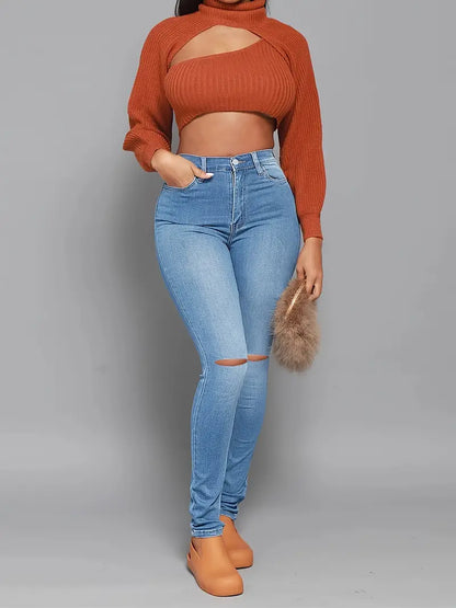 High Rise Ripped Skinny Jeans with Distressed Hem