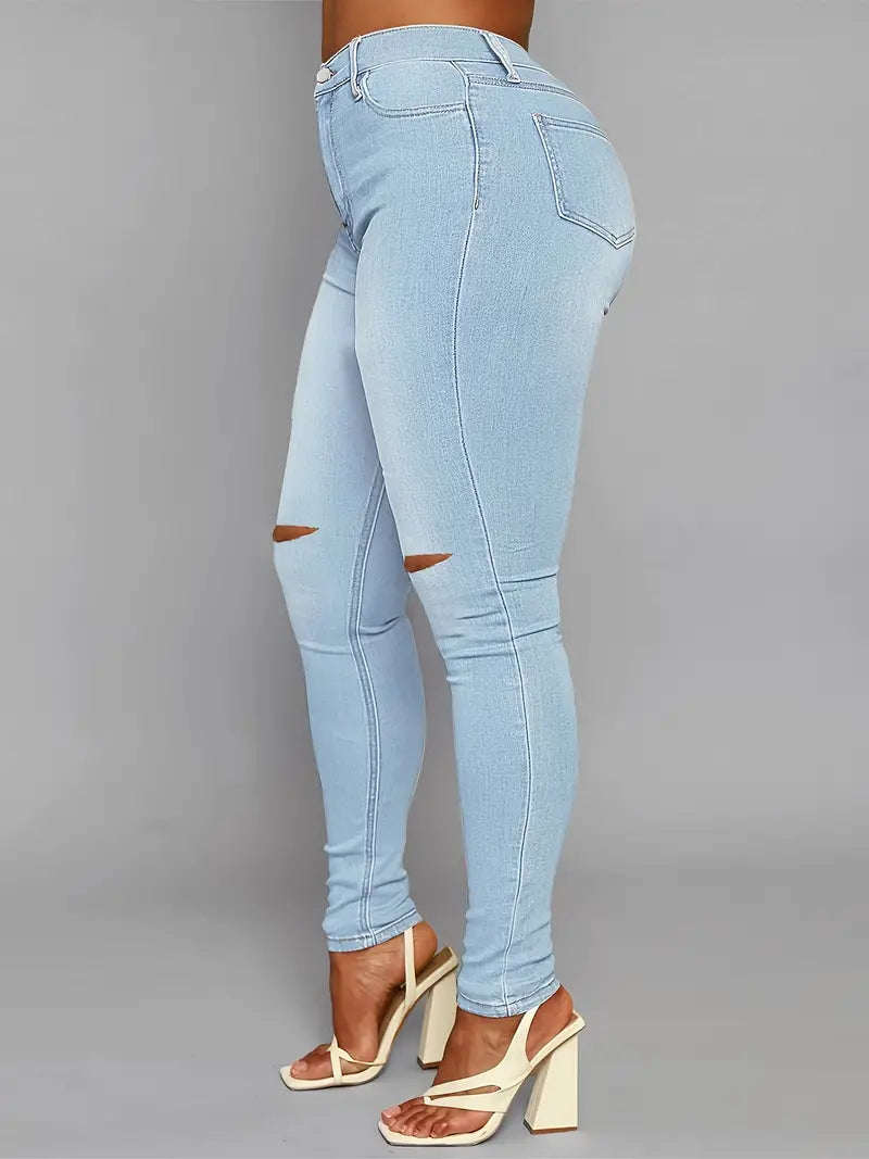 High Rise Ripped Skinny Jeans with Distressed Hem