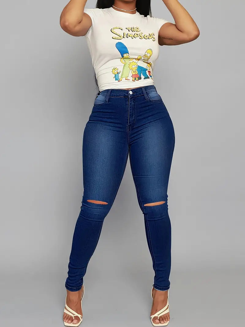 High Rise Ripped Skinny Jeans with Distressed Hem