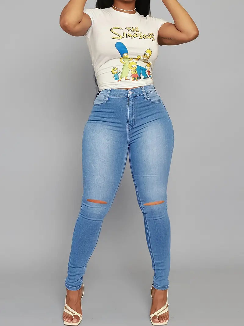 High Rise Ripped Skinny Jeans with Distressed Hem