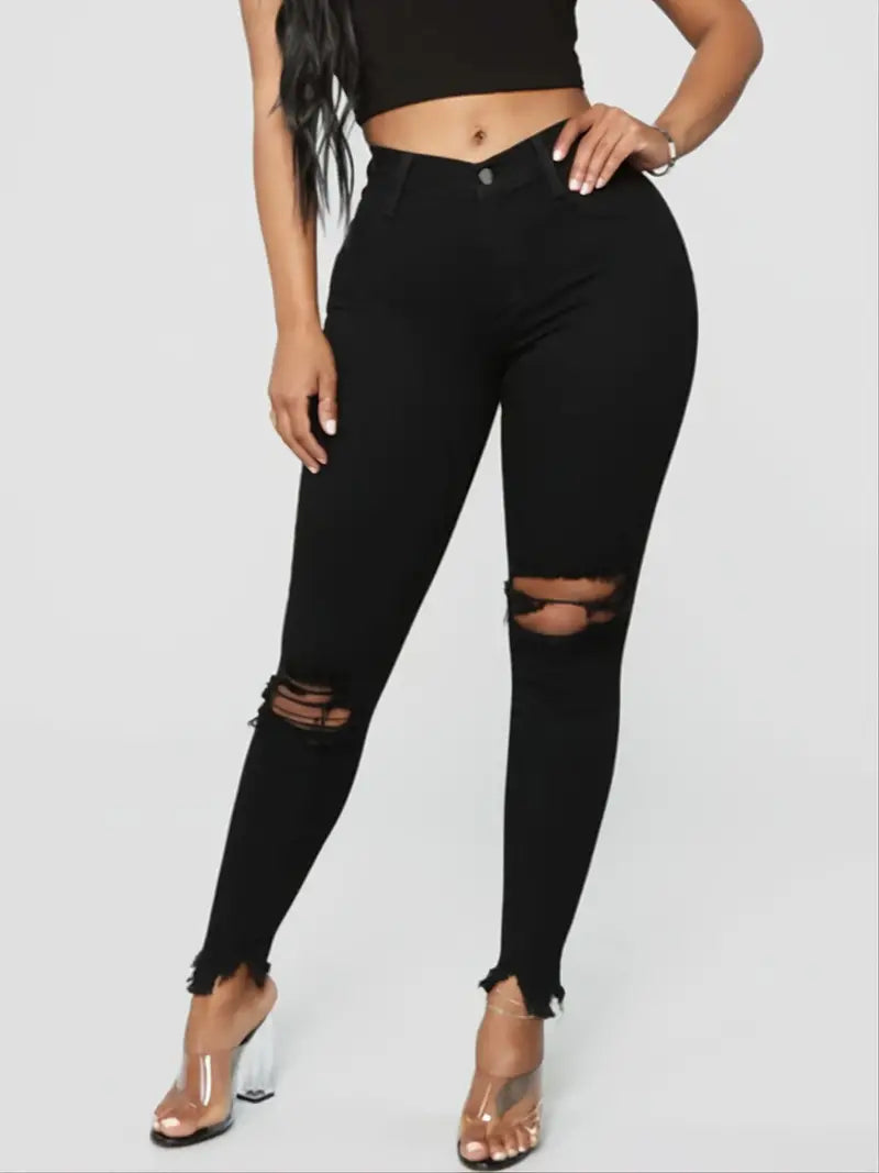 Black Distressed Ripped Raw Hem Skinny Jeans for Women
