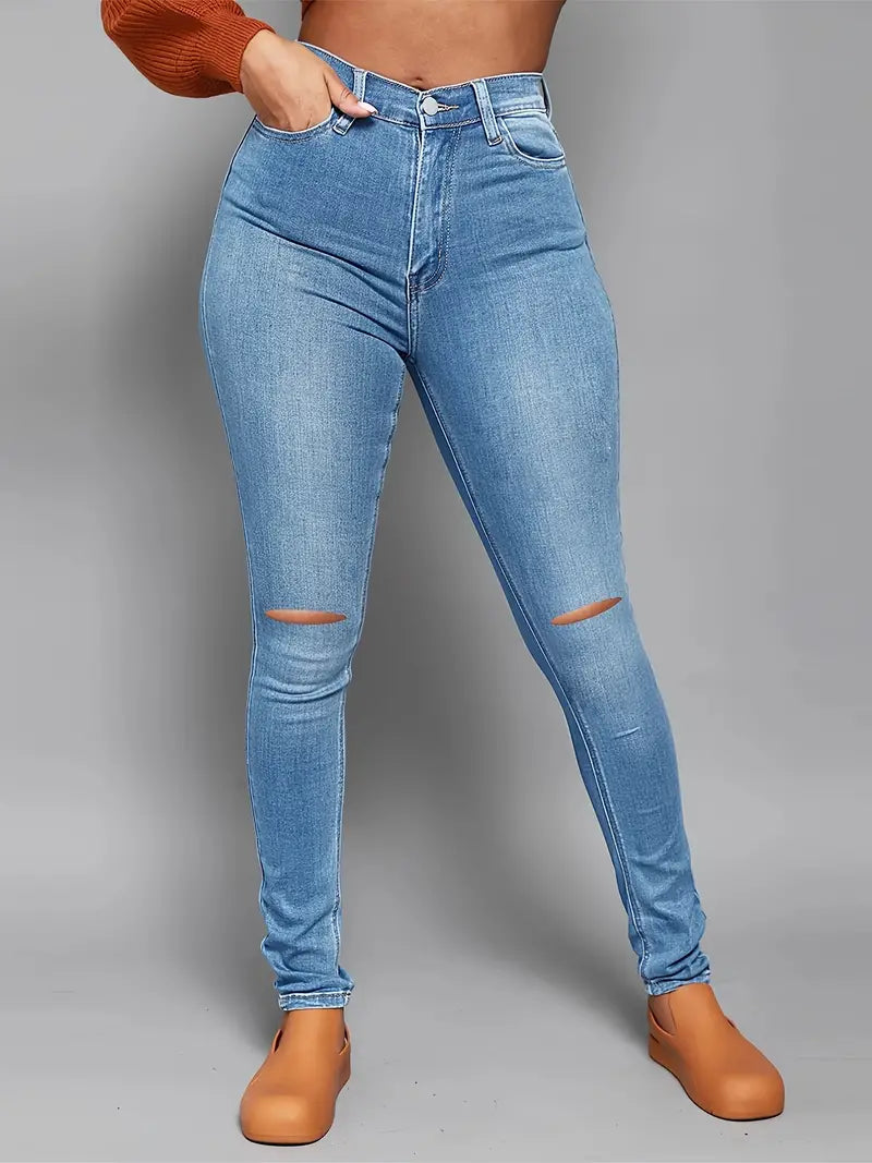 High Rise Ripped Skinny Jeans with Distressed Hem