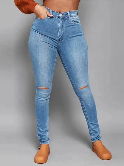 High Rise Ripped Skinny Jeans with Distressed Hem