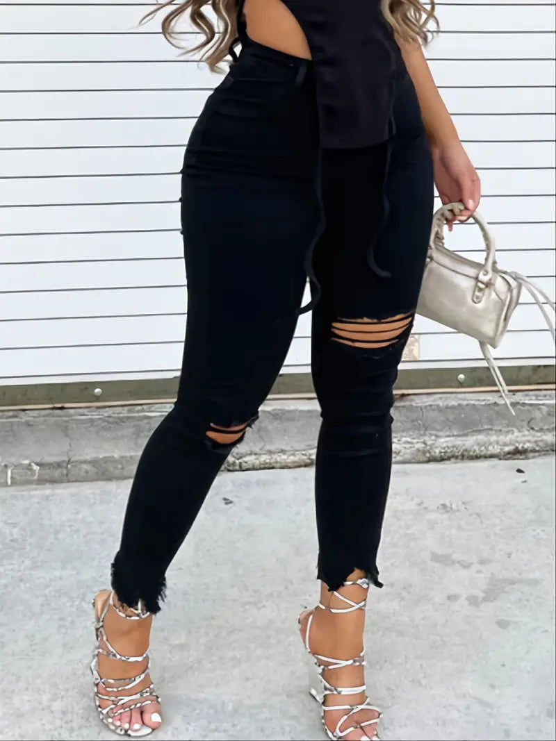 Black Distressed Ripped Raw Hem Skinny Jeans for Women