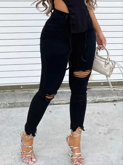 Black Distressed Ripped Raw Hem Skinny Jeans for Women