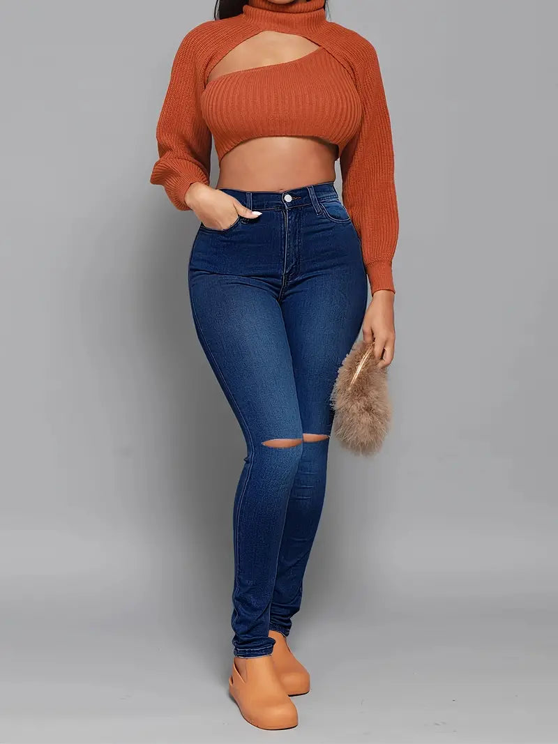 High Rise Ripped Skinny Jeans with Distressed Hem