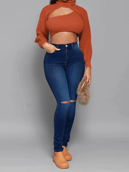 High Rise Ripped Skinny Jeans with Distressed Hem