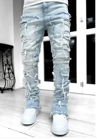 Men's Ripped Stacked Jeans - Light Blue