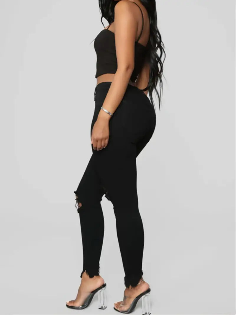 Black Distressed Ripped Raw Hem Skinny Jeans for Women