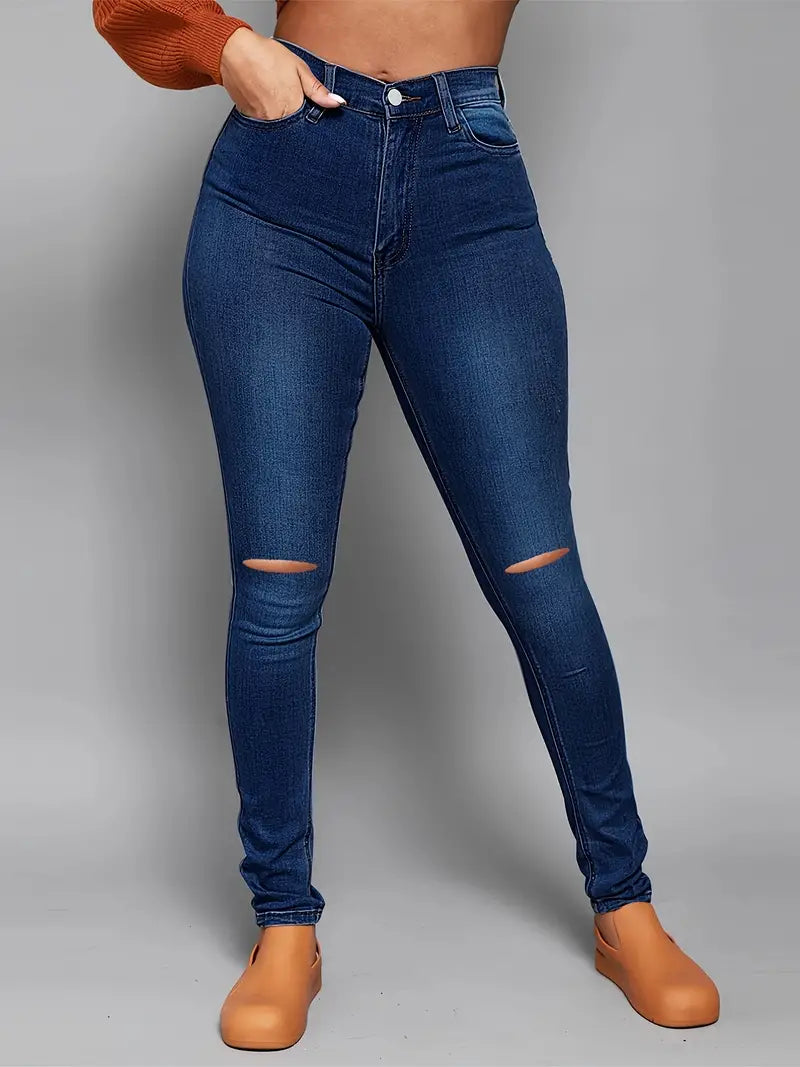 High Rise Ripped Skinny Jeans with Distressed Hem