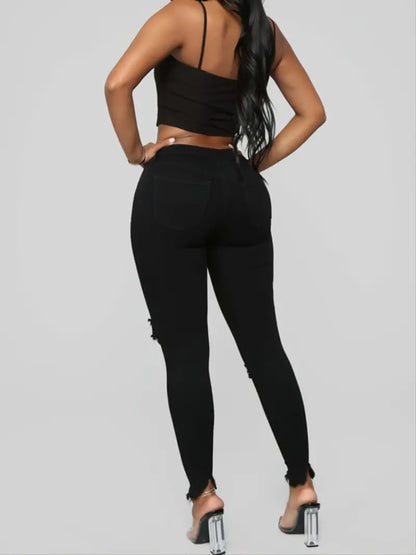Black Distressed Ripped Raw Hem Skinny Jeans for Women