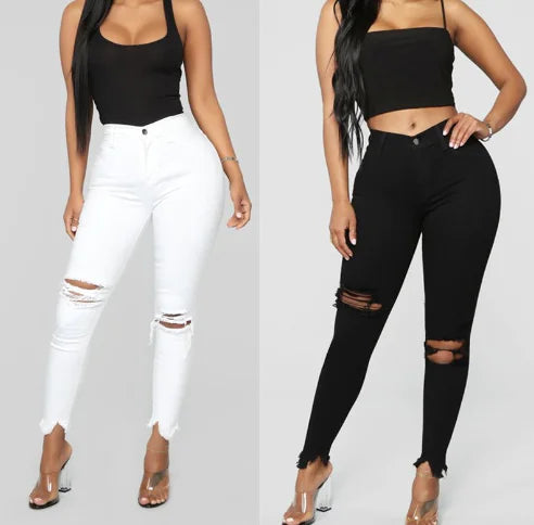 Black Distressed Ripped Raw Hem Skinny Jeans for Women