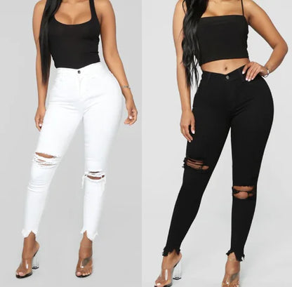 Black Distressed Ripped Raw Hem Skinny Jeans for Women