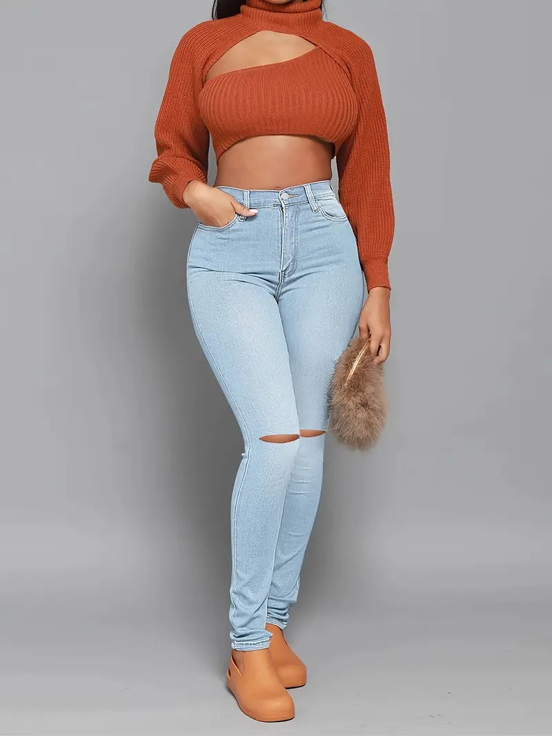 High Rise Ripped Skinny Jeans with Distressed Hem